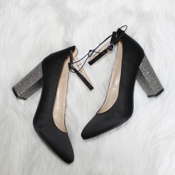 silver glitter block heel shoes